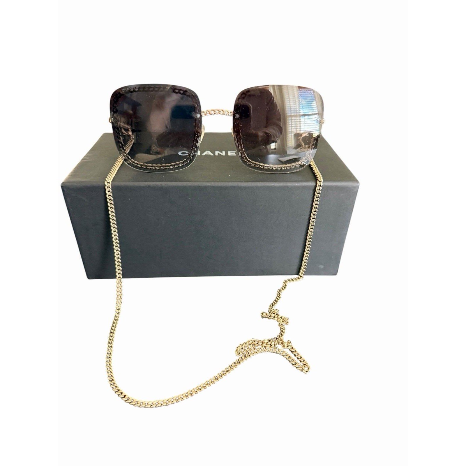 Chanel 4244 Square Chain Sunglasses Gold Trim Luxury Authentic Designer